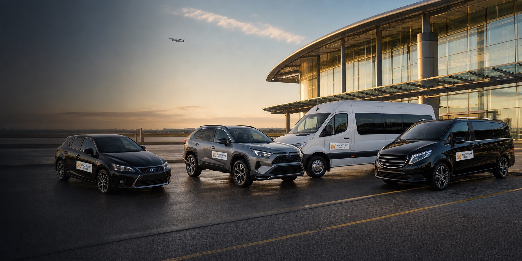 Brightline Travels fleet including a black Lexus CT200h, metallic grey Toyota RAV4, executive MPV and passenger minibus