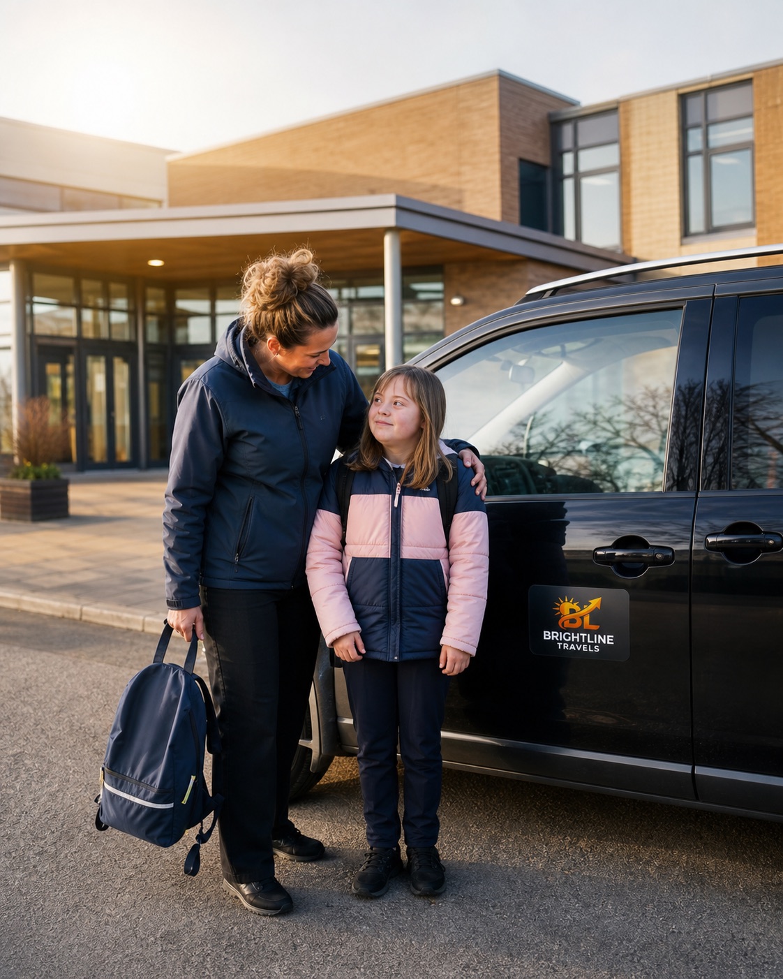 School passenger and adult beside a Brightline Travels vehicle